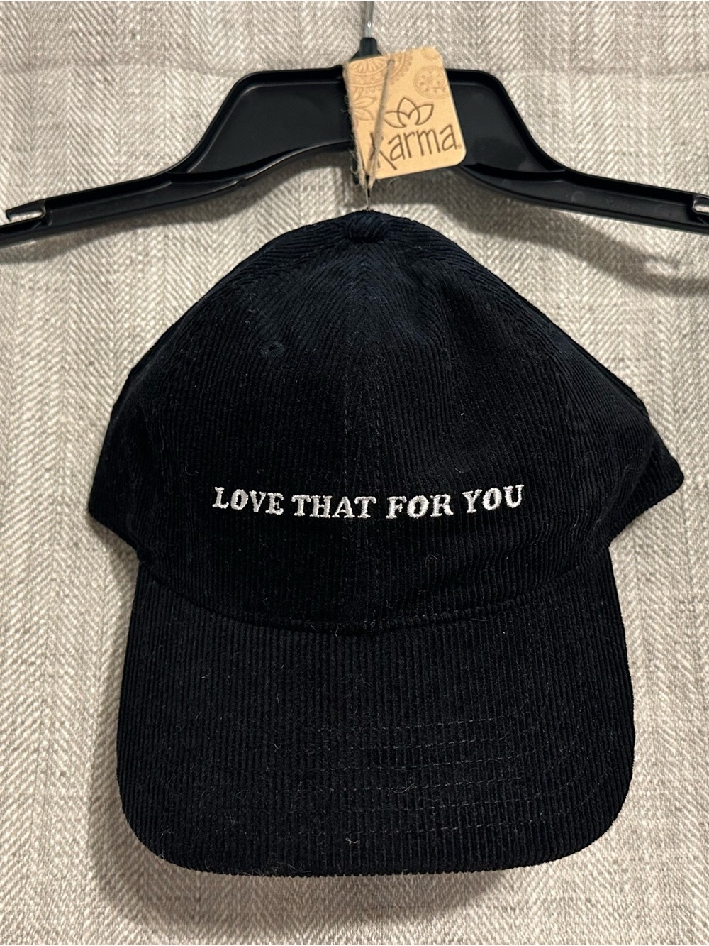 Karma Black Corduroy Cap with White 'Love That For You' Embroidery